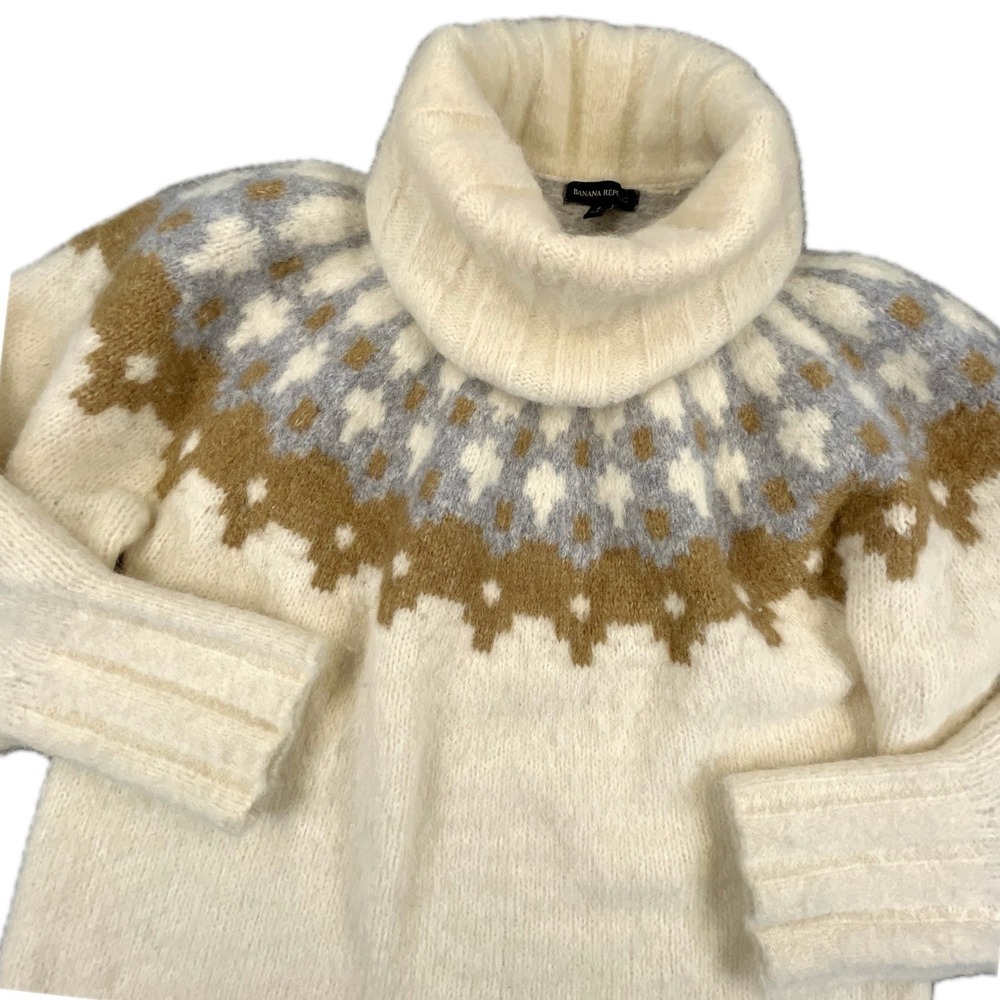 Banana Republic Bosque Alpaca Fair Isle Turtleneck Sweater S Cream Alpaca Blend